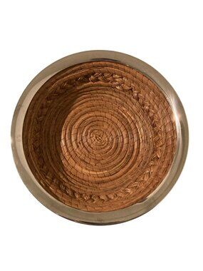 Vintage Woven Basket Pine Needle Bowl With Silver Metal Rim